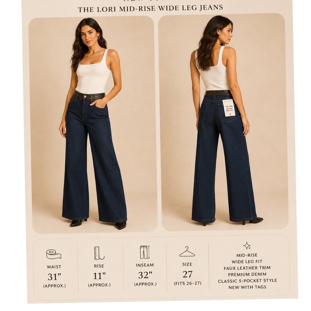 Rag & Bone Lori Mid-Rise Wide Leg Jeans Rinse Combo Brown Leather Trim 27 NWT